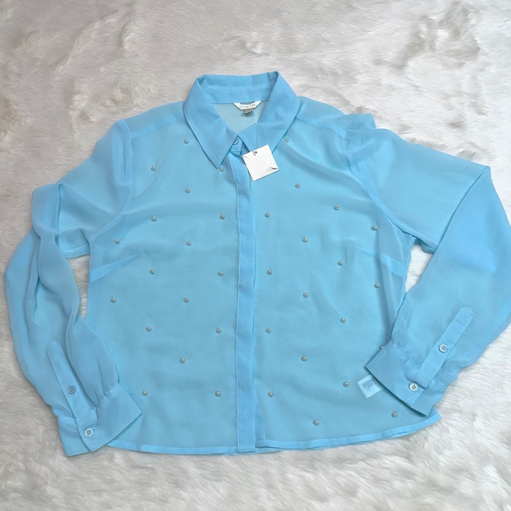 NWT I LOVE H81 Blouse Women Medium Blue Pearl Embellished Sheer Button Down